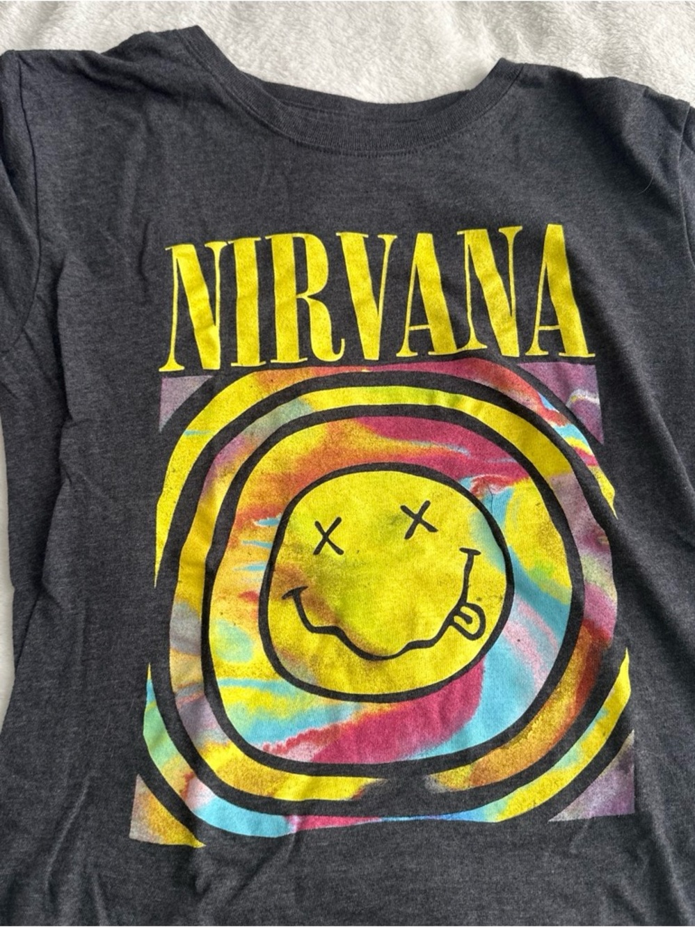 NIRVANA Black Tee with Yellow Logo & Multicolor Tie-Dye Smiley